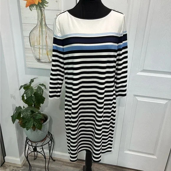 White House Black Market Blue and White Sheath Dress 3/4 Sleeve